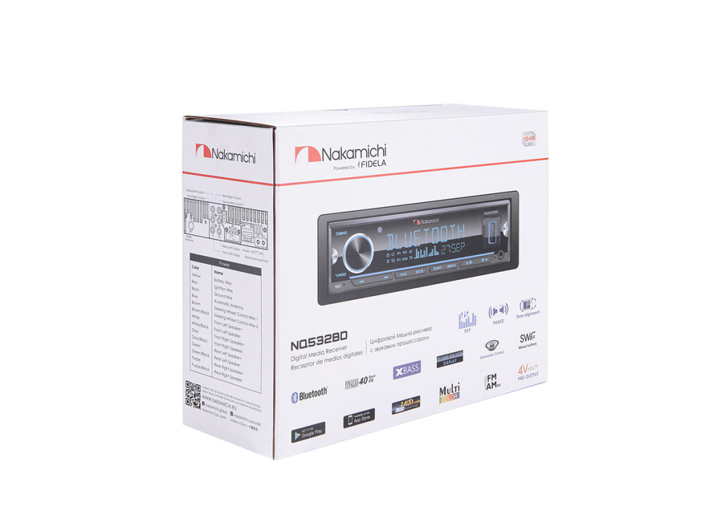 Nakamichi NQ532BD/ 1DIN медиа-ресивер, USB, AUX, ВТ, 4*50 Вт, DSP, 6RCA, 7 цветов