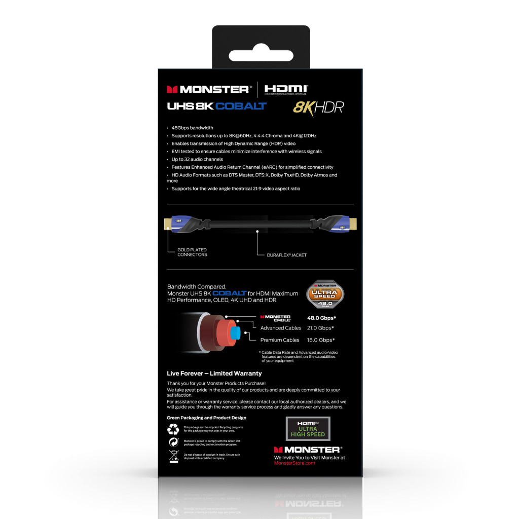 Monster Cable Essentials, HDMI кабель, 8К, UHS, Cobalt, 2m